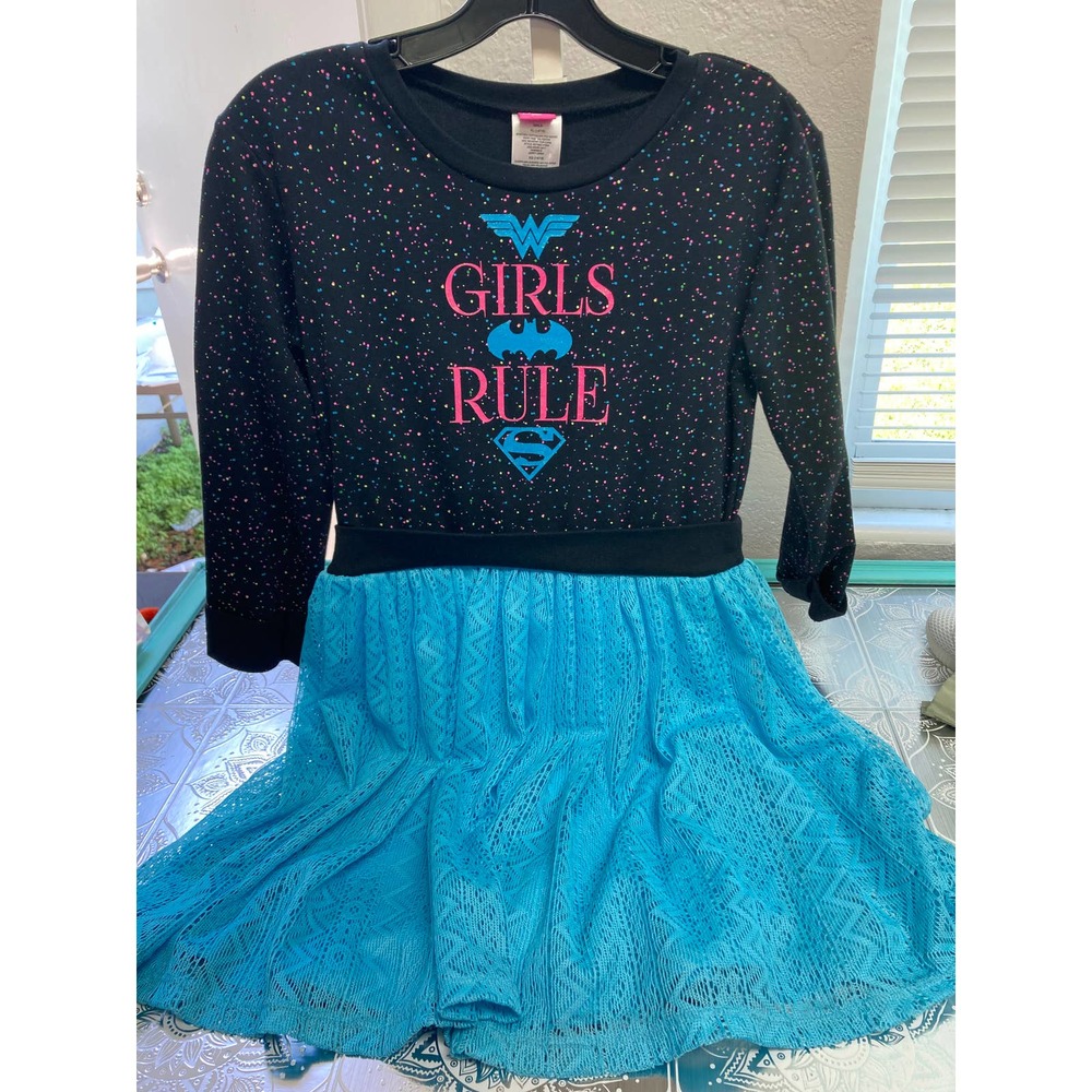 DC Comics Girls Long Sleeve Dress GIRLS RULE Blk Bodice Blue Crochet Skirt  XL